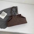 Dark brown faux suede tote bag with minimalist metal buckle and slim straps for work - Brown