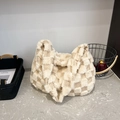 Plush checkered tote bag in cream and beige faux fur with soft texture and large capacity - Khaki