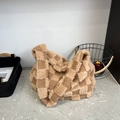 Brown checkerboard plush tote bag with soft faux fur texture and wide shoulder strap - Brown