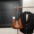 Brown vintage leather tote bag with cute bear charm and adjustable shoulder strap - With Pendant / Coffee