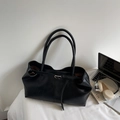 Minimalist black PU leather tote bag for women featuring polished metal buckle and spacious design - Black