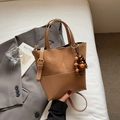 Retro tan faux leather handbag with suede texture and decorative wooden bead charm - Khaki With Pendant