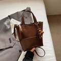 Retro brown contrast handbag with suede panel and wooden bead charm accessory - Brown with Pendant