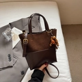 Dark brown mixed-texture tote bag with gold brand logo and vintage wooden bead charm - Coffee with Pendant
