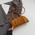 Brown suede bowling bag with contrast leather trim and adjustable crossbody strap - No Pendant / Brown