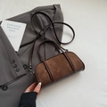 Dark brown suede and leather mini bowling bag with top handles and shoulder strap - No Pendant / Brown