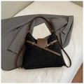 Large capacity black suede tote bag with brown leather straps and gold buckle details - Black without Pendant