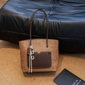 Retro coffee brown woven tote bag with leather pocket and creative chocolate charm - Coffee