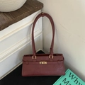Vintage burgundy underarm bag for women featuring a sleek rectangular design with gold buckles - Red (No Pendant)