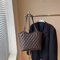 Brown quilted leather tote bag with large capacity and vintage elegant commute design - Coffee No Charm