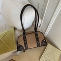 Detail of vintage suede shoulder bag with contrast stitching and metal eyelet accents - Without Pendant / Khaki