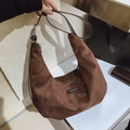 Minimalist large brown suede hobo bag with adjustable shoulder strap and leather patch - No Pendant / Brown