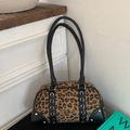 Chic leopard print bowling bag with black leather trim and silver metal rivet details - Without Pendant / Leopard Print
