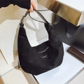 Minimalist black suede hobo bag with wide strap and embossed fashion leather patch - No Pendant / Black