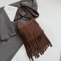 Detailed view of brown suede fringe crossbody bag paired with a stylish gray blazer jacket - Brown