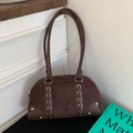 Deep brown Y2K Boston bag with suede stitching and silver metal eyelet details - Without Pendant / Brown