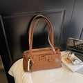Brown vintage underarm bag with decorative metal buckle and wooden bead charm for women - Brown with Pendant