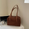 Retro brown suede bowling bag with minimalist leather shoulder straps for daily use - Brown No Pendant