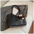 Black large-capacity textured PU tote bag with a cute plush bear charm for daily use - Black with Pendant