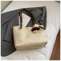 Retro cream-colored PU leather tote bag with brown straps and cute bear charm decoration - Beige With Charm