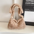Stylish beige faux fur bucket bag with a knotted strap for casual autumn fashion - Khaki