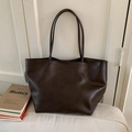 Minimalist large tote bag in dark brown faux leather with vintage textured surface - No Pendant / Brown