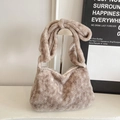 Fashionable warm brown plush bucket bag with unique knot shoulder strap for women - Grey-Beige