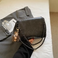 Classic black leather tote bag with chain strap and brown plush charm accessory - With Charm / Black