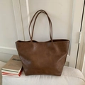 Retro dark brown large tote bag in soft leather texture for daily commute style - No Pendant / Brown