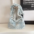 Blue and white marble texture faux fur shoulder bag with decorative strap knot - Blue