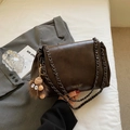 Dark brown faux leather tote bag with gold chain strap and cute plush charm detail - With Charm / Brown