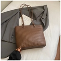 Minimalist woven tote bag in dark brown leather with slim double shoulder straps - Coffee without Pendant