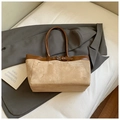 Large capacity tan faux suede tote bag with dark brown leather trim and shoulder strap - Khaki (Without Charm)