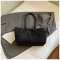 Retro black tote bag in suede and leather finish with vintage pocket stitching details - Black (Without Charm)