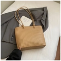 Tan woven leather tote bag with knotted strap detail for minimalist style - Khaki (No Pendant)