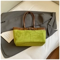 Green suede tote bag with brown leather trim and vintage pocket detail for women - Green (No Pendant)