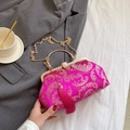 Elegant fuchsia embroidered shell bag with gold tassel and chain strap in silk fabric - Rose Red