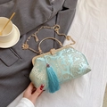 Elegant mint green shell bag with gold embroidery, tassel and chain strap - Blue