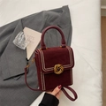 Elegant dark burgundy suede leather crossbody bag with decorative gold beads and metal buckle - Red