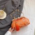 Orange shell-shaped embroidery handbag with traditional floral pattern and silk tassels - Orange