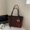 Brown vintage suede tote bag with plush bear charm and spacious shoulder strap - Coffee with Pendant