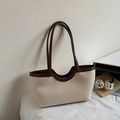 Sac fourre-tout beige et cuir marron avec bordure incurvée pour le trajet quotidien - Sans Pendentif / Blanc Cassé