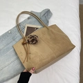 Khaki large capacity suede tote bag with leopard print pompom and woven fringe - Light Khaki With Pendant