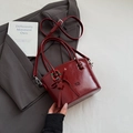 Fashionable wine red glossy bucket bag with beaded charm and shoulder strap - Red