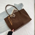 Large dark brown suede tote bag with leopard fur ball and wooden bead tassel charms - Coffee with Pendant