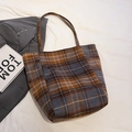 Retro tweed draagtas met bruin en blauw ruitpatroon en grote capaciteit voor de herfst - Bruin