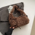 Minimalist dark brown fluffy faux fur handbag with stylish ribbon bows for women - Brown