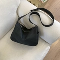 Minimalist black matte leather moon bag with wide adjustable strap and silver zipper - Black without Pendant
