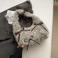 Chic light grey faux fur handbag featuring dark coffee ribbon bows for autumn style - Gray