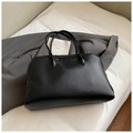 Chic black textured leather tote bag with long double handles and minimalist design - Black without Pendant